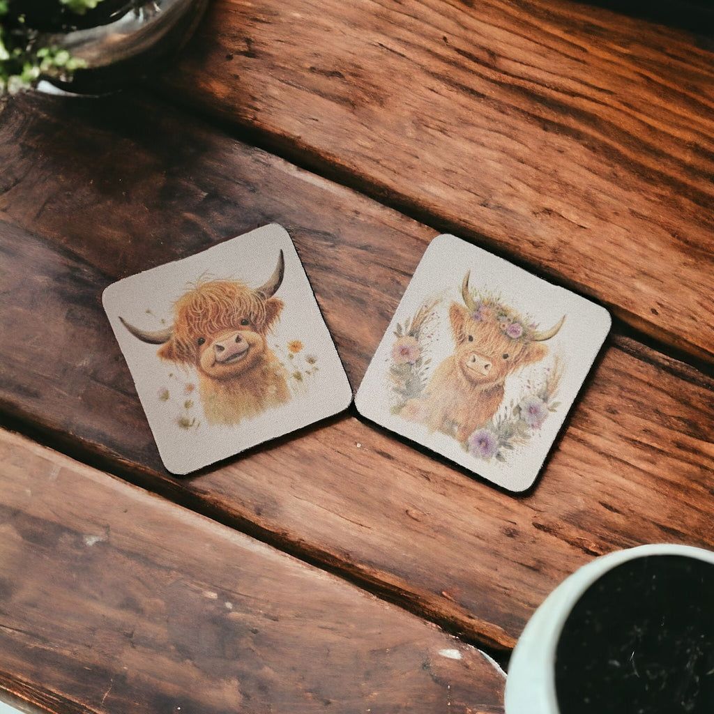 Hand printed, highland cow, cork-backed, wipeable coasters.