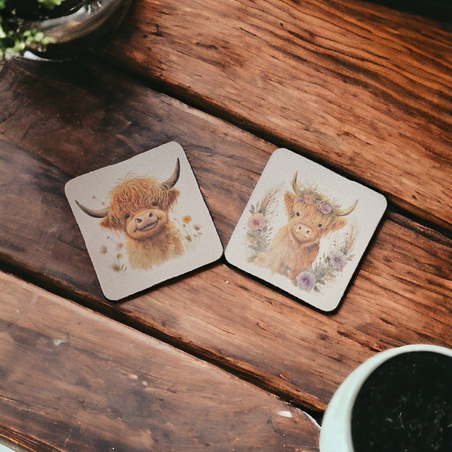 Hand printed, highland cow, cork-backed, wipeable coasters.