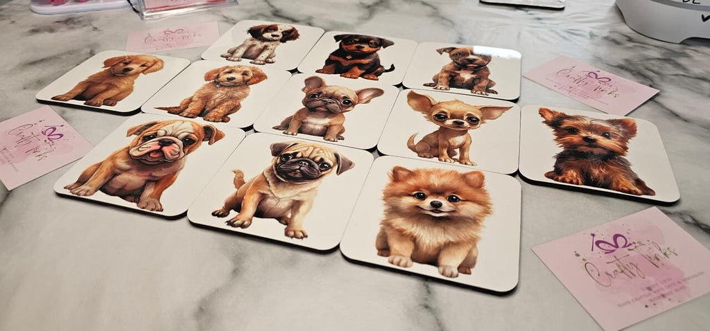 Hand Printed Cute Dog Coasters, Cork-Backed, Wipeable