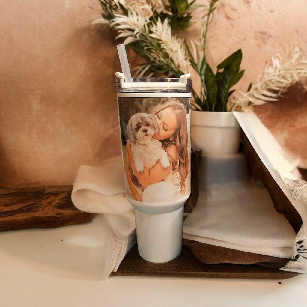 Personalised photo, 40oz insulated "Stanley" style tumbler.