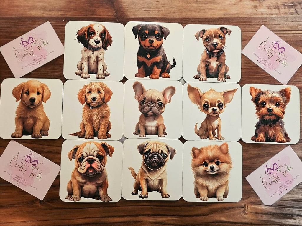 Hand Printed Cute Dog Coasters, Cork-Backed, Wipeable