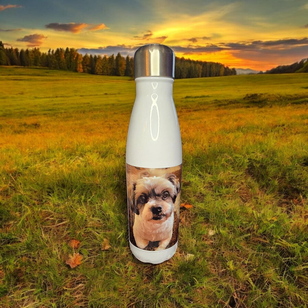 Handprinted, personalised, 500ml (17oz) insulated, stainless steel water bottle.