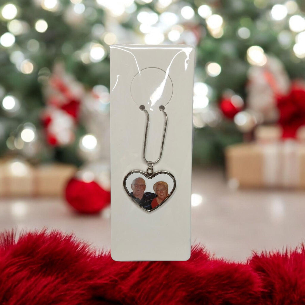 Heart shaped, photo, silver necklace.