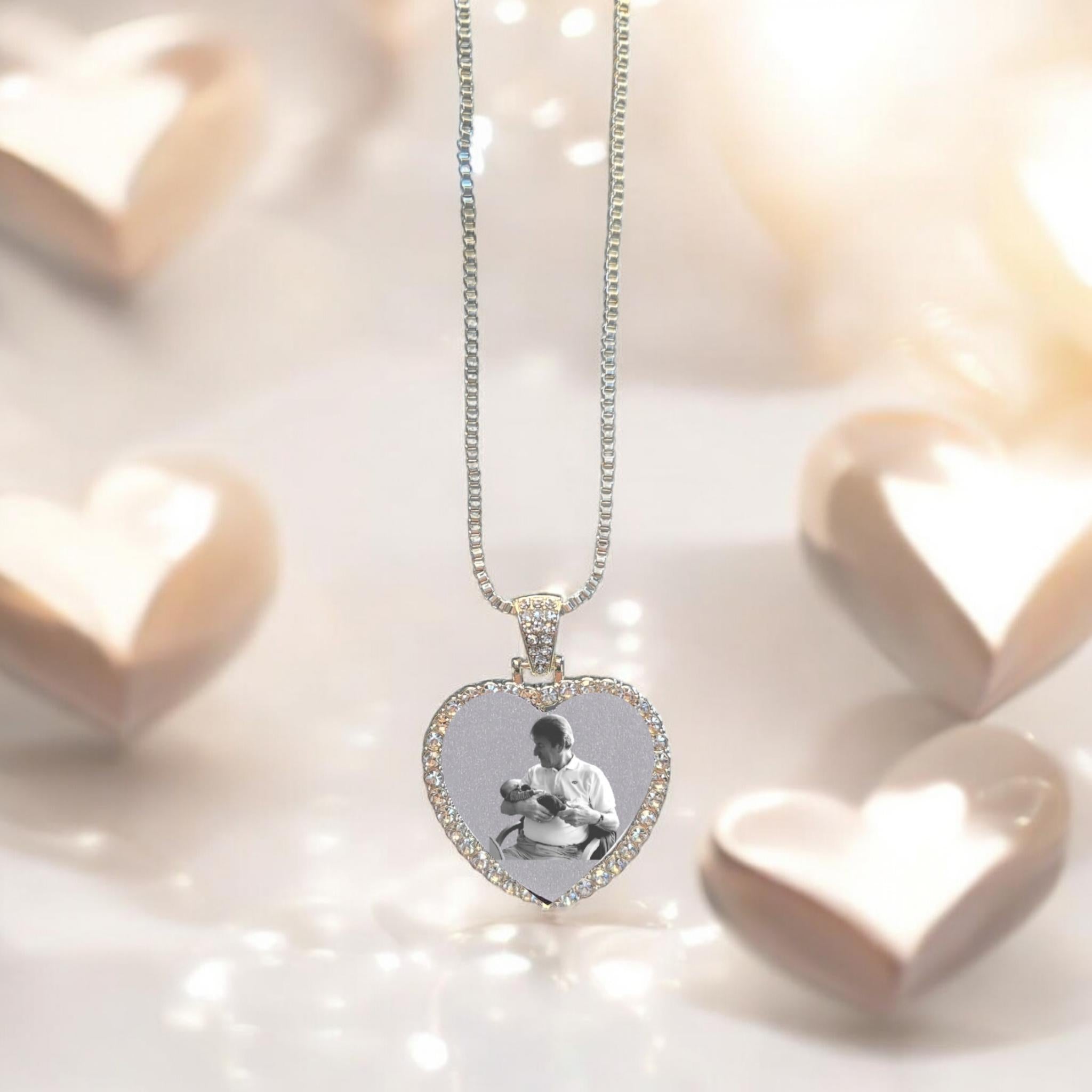 Heart shaped, photo, silver necklace.