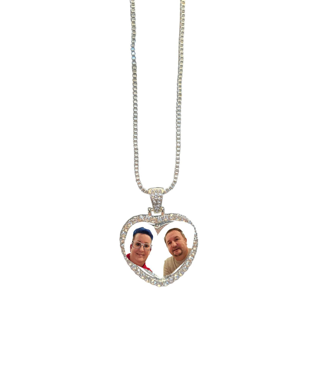 Heart shaped, photo, silver necklace.