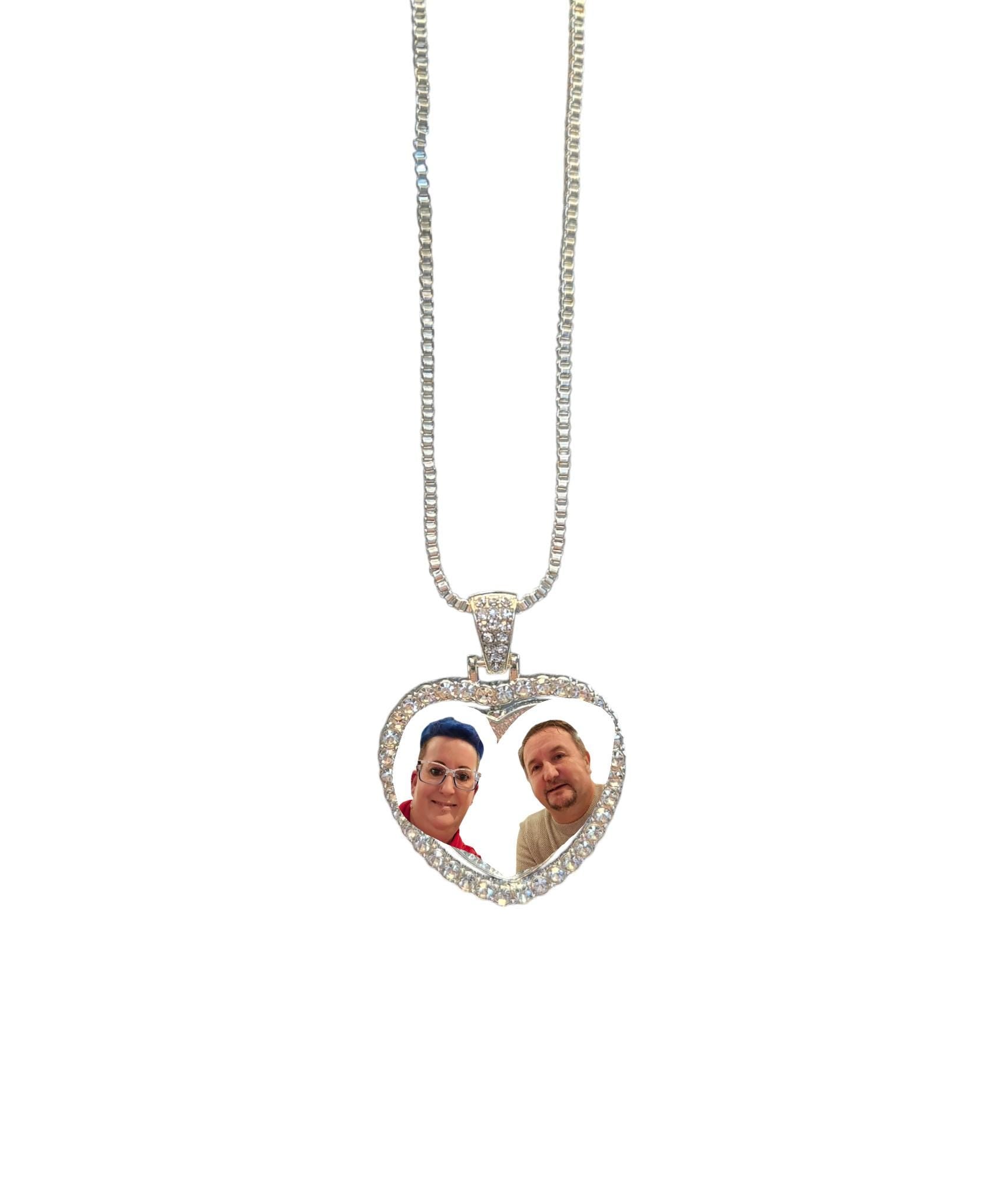 Heart shaped, photo, silver necklace.