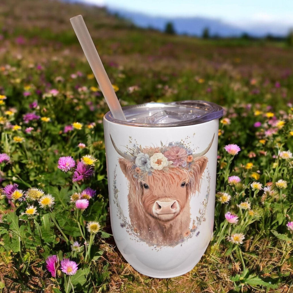 Highland Cow, 12oz insulated wine tumbler/mug.