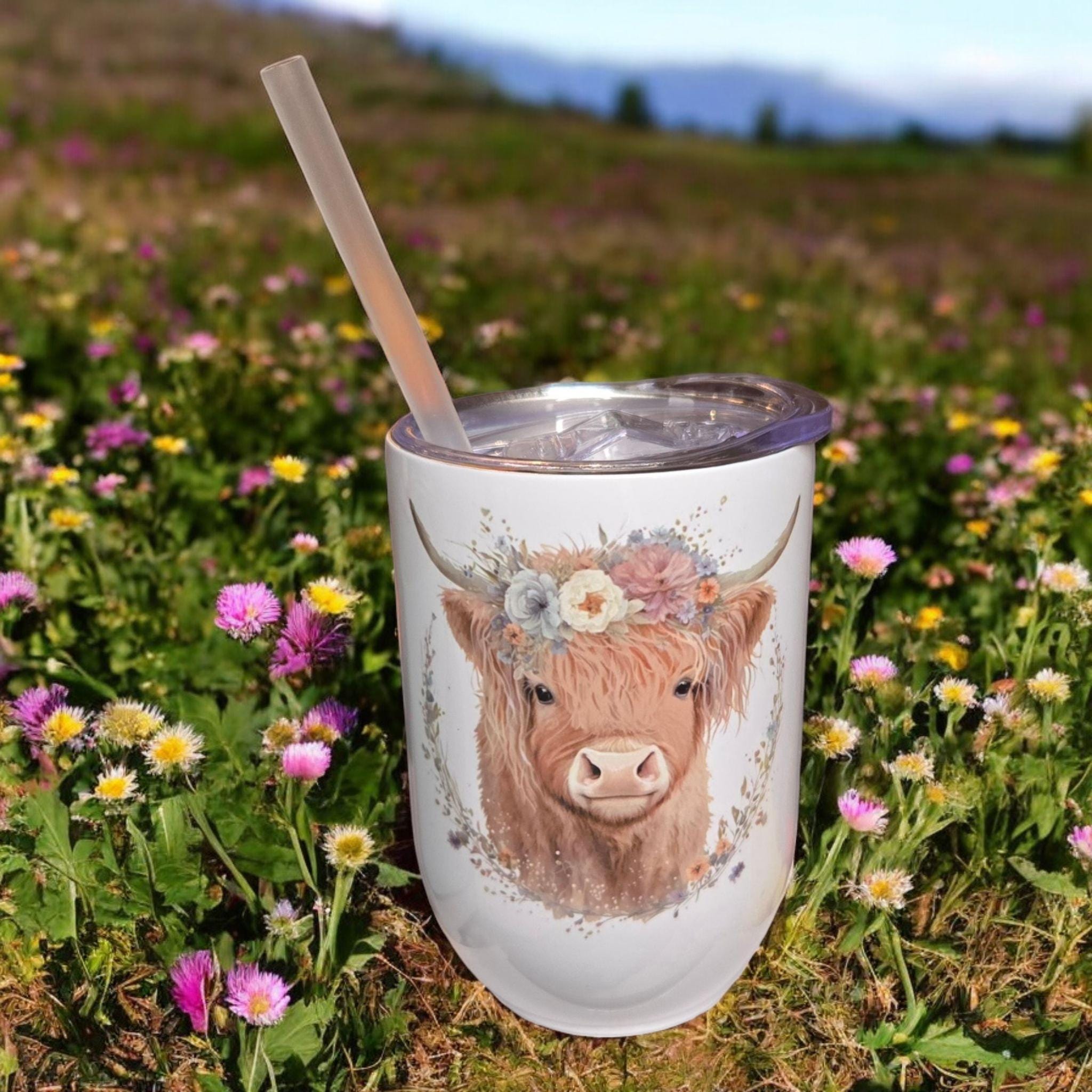 Highland Cow, 12oz insulated wine tumbler/mug.