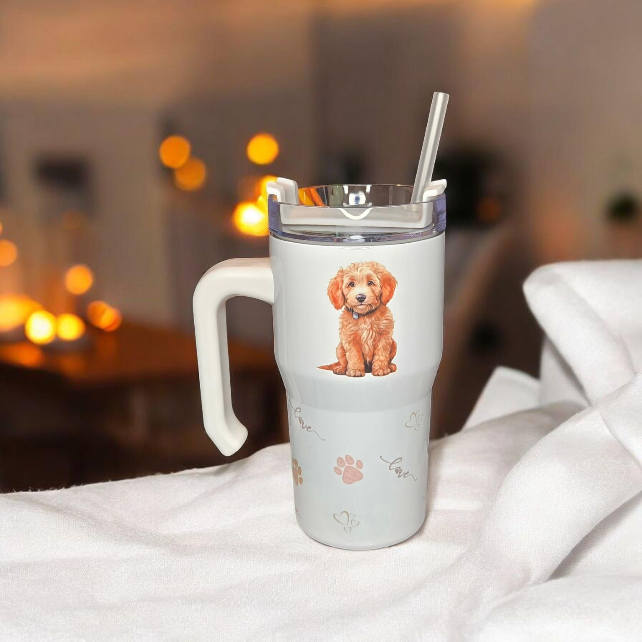 Hand Printed Puppy Dog; 20oz mini "Stanley" style insulated tumbler.