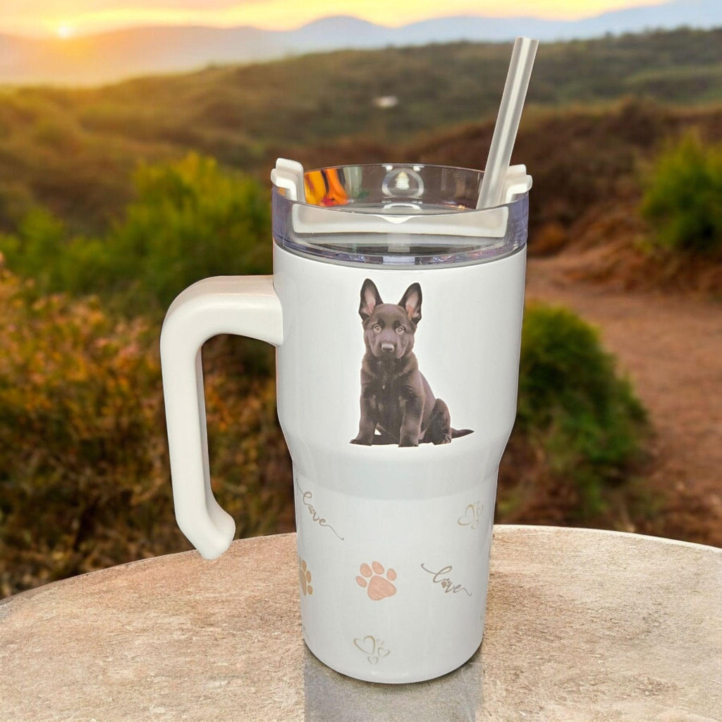 Hand Printed Puppy Dog; 20oz mini "Stanley" style insulated tumbler.
