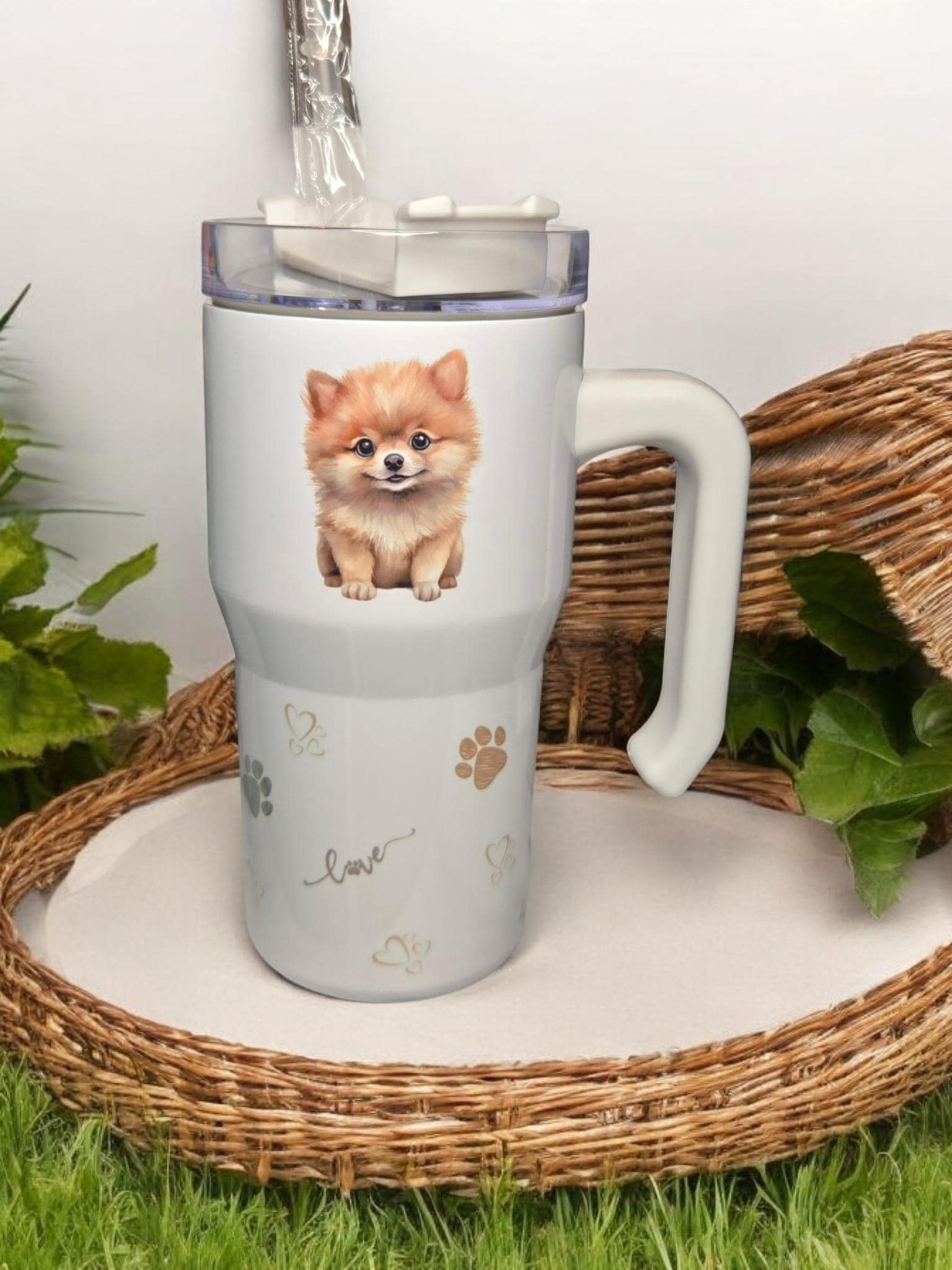 Hand Printed Puppy Dog; 20oz mini "Stanley" style insulated tumbler.