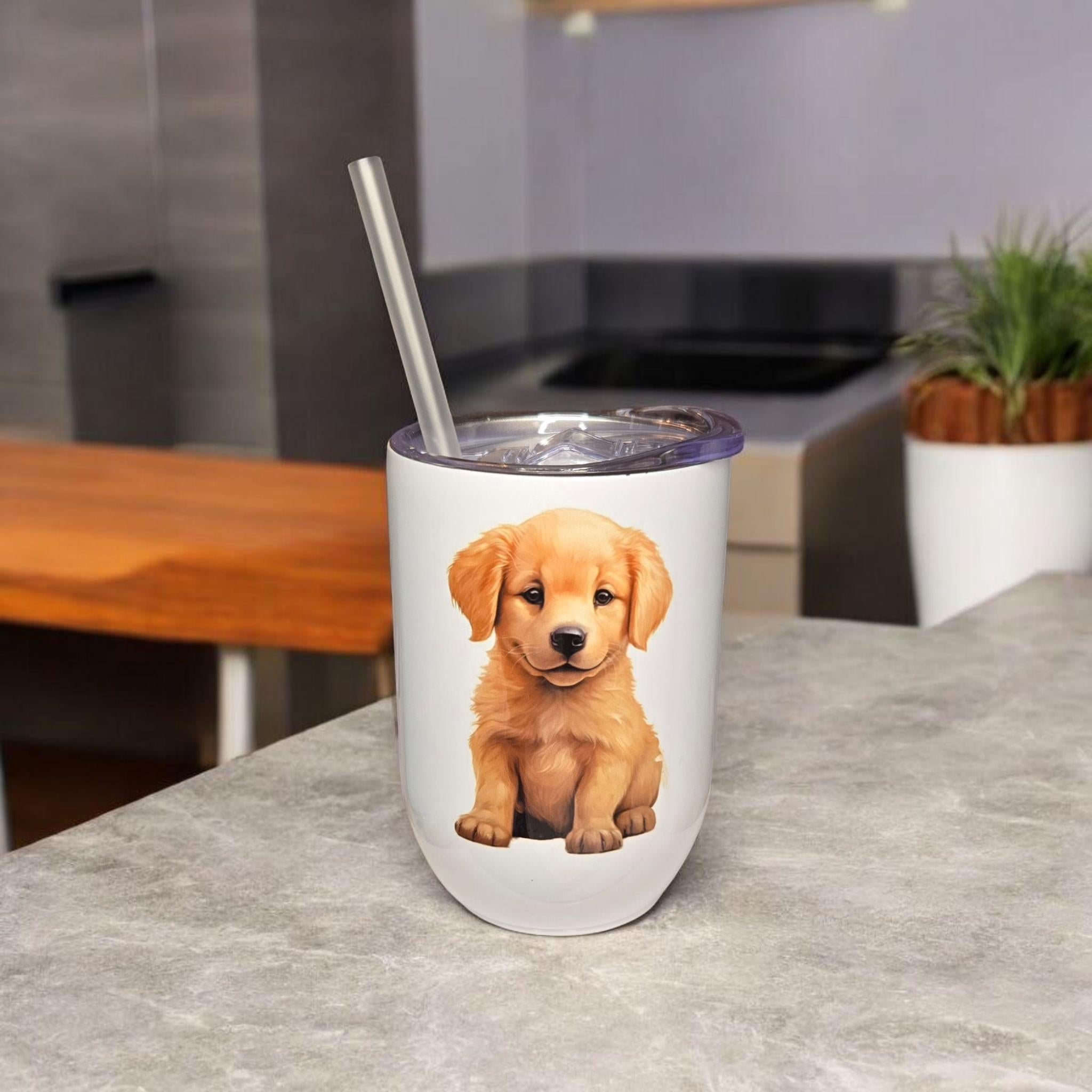 Puppy Dog Insulated Tumbler: Hand Printed Stainless Steel 12oz cup