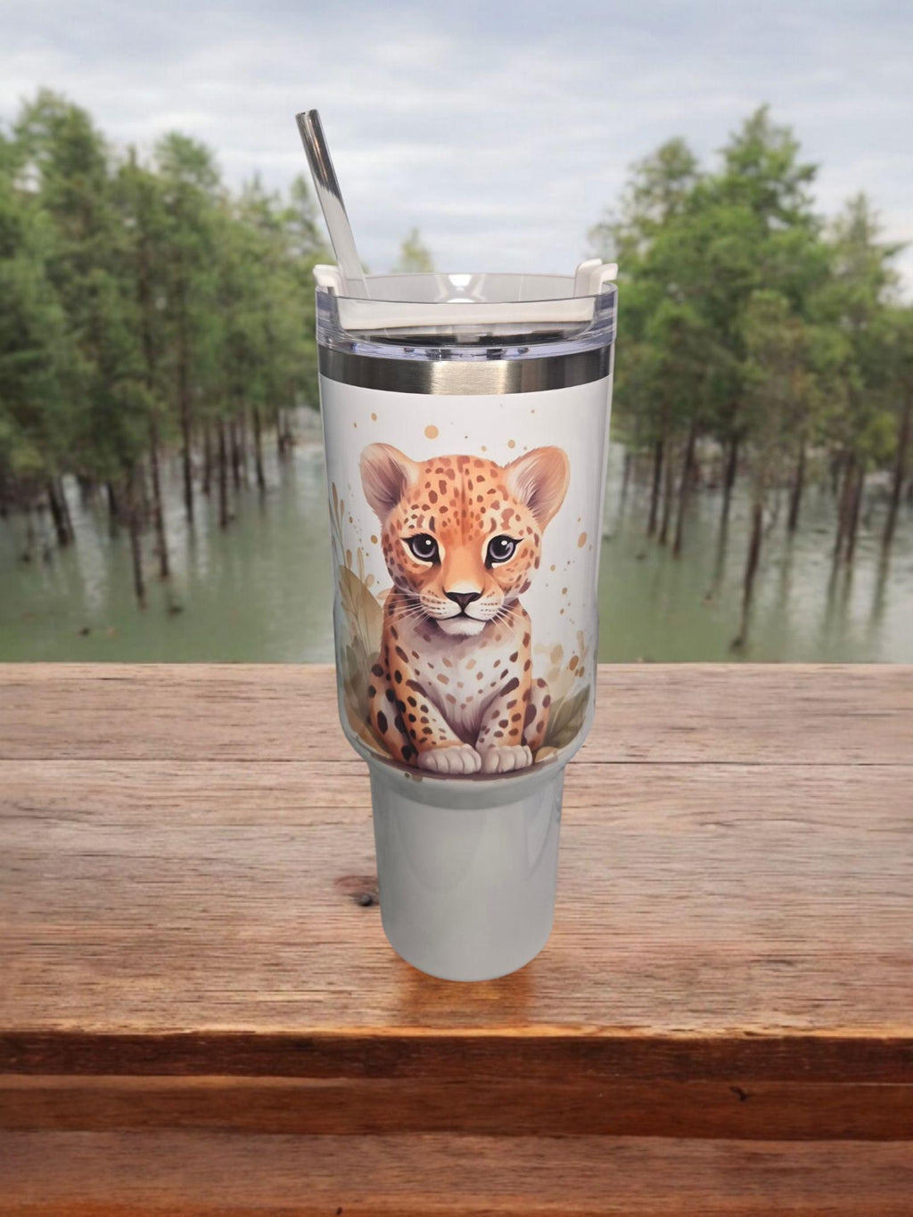 Safari/zoo animals, 40oz "Stanley" style insulated tumbler/mug.