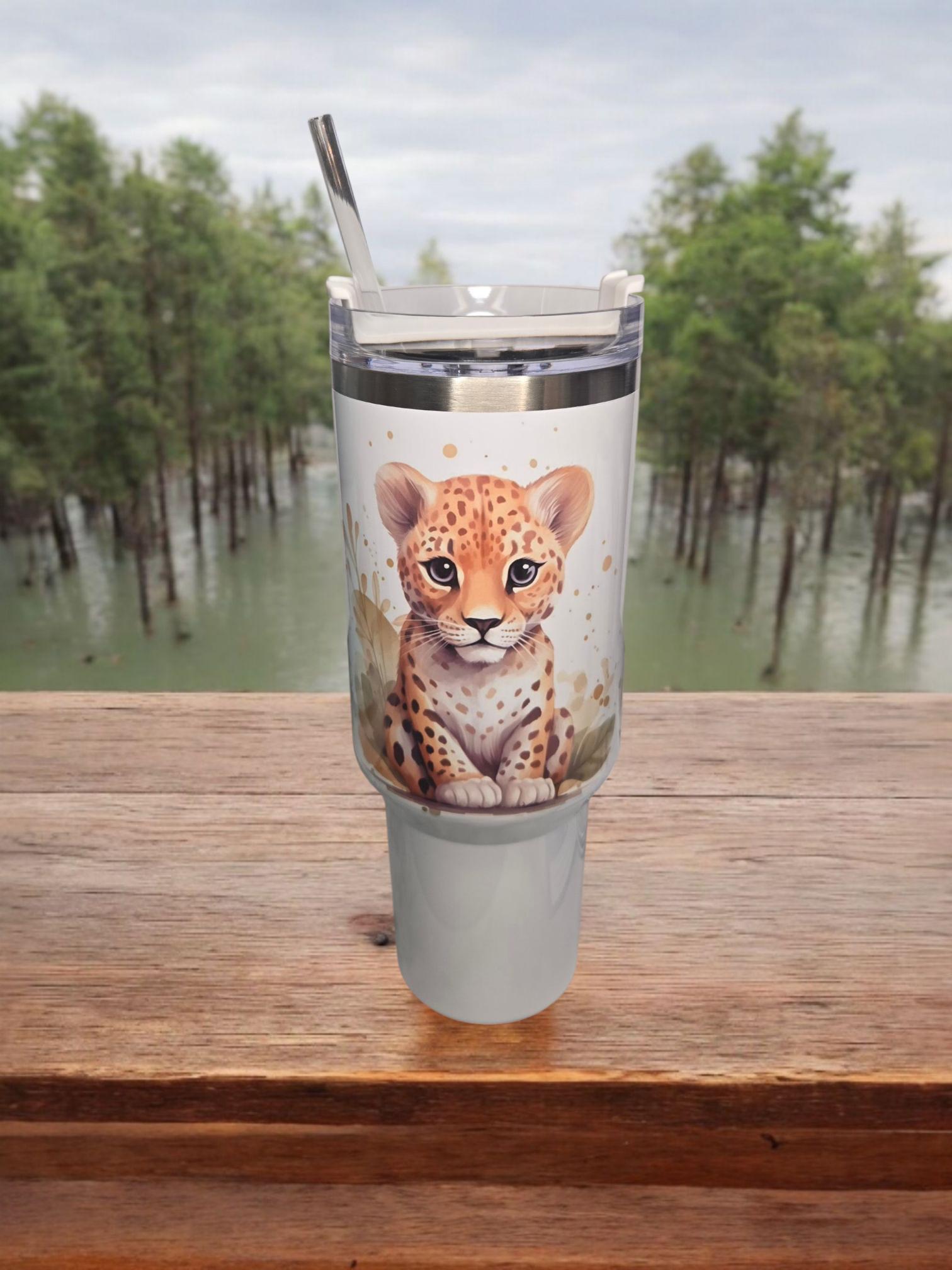 Safari/zoo animals, 40oz "Stanley" style insulated tumbler/mug.