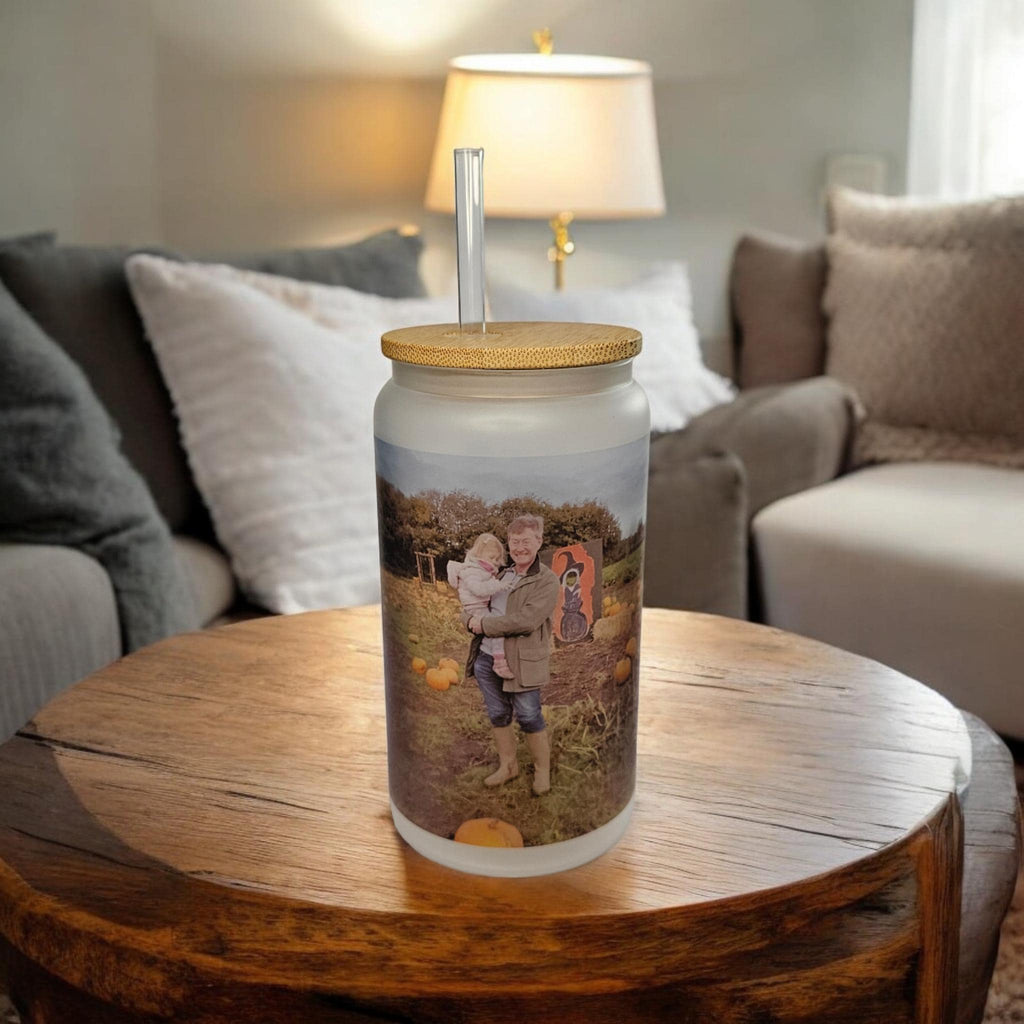Personalised photo 16oz libby glass drinking can jar