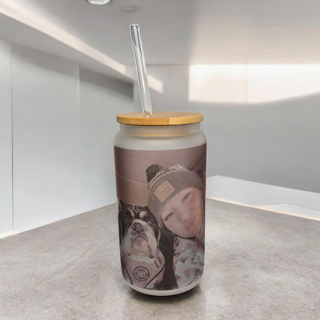 Personalised photo 16oz libby glass drinking can jar