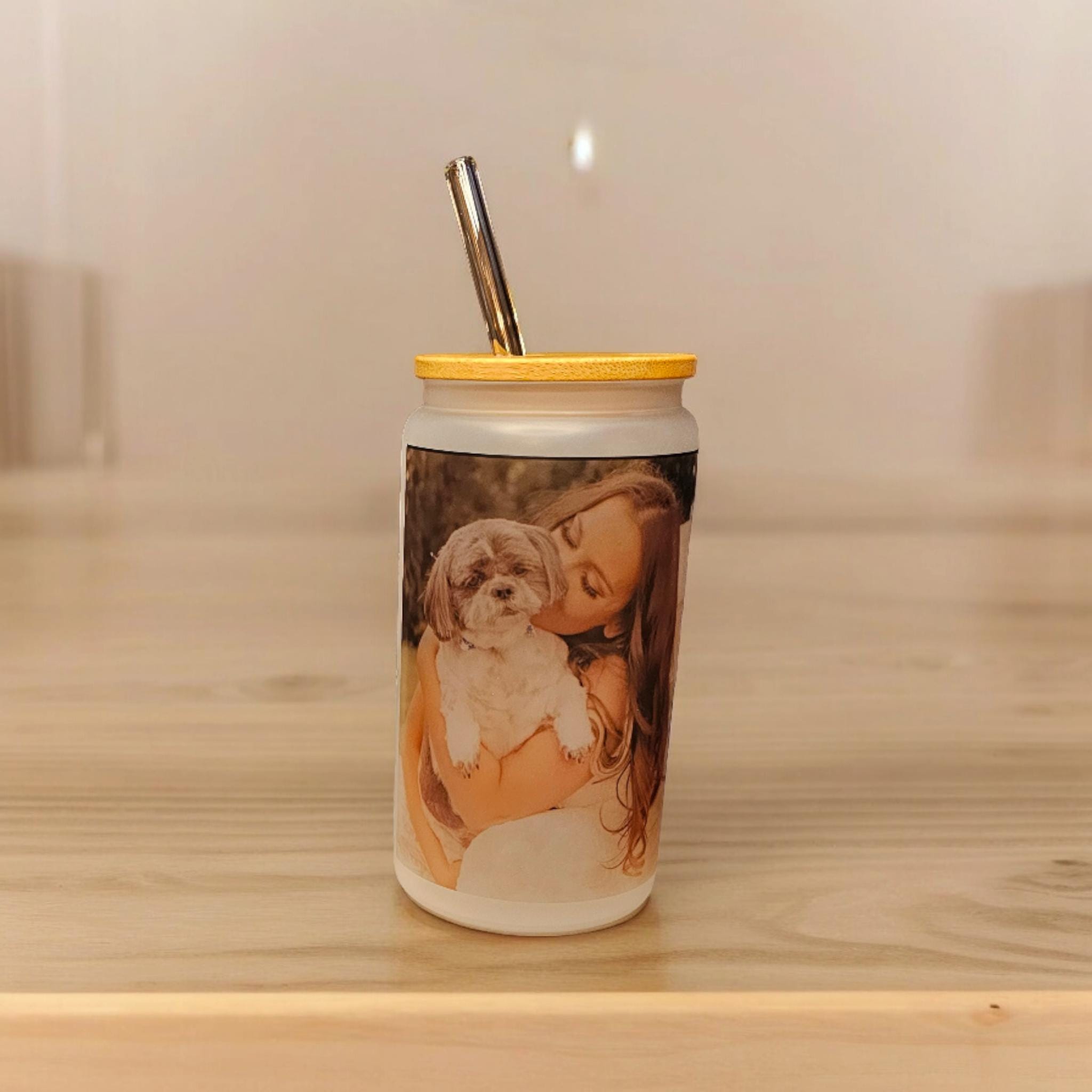 Personalised photo 16oz libby glass drinking can jar