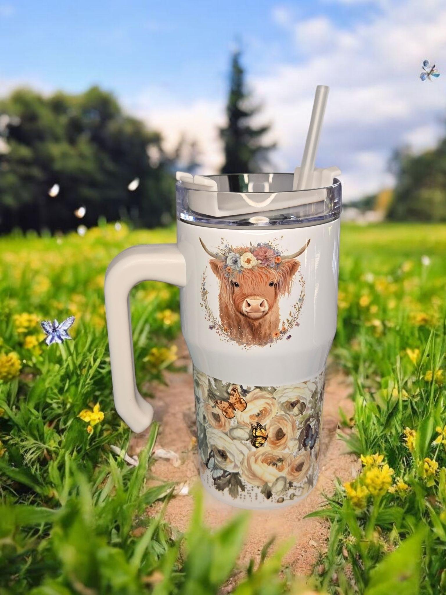 Highland Cow, 20oz mini "Stanley" style insulated tumbler.