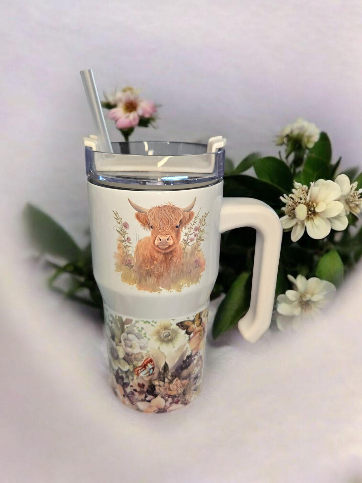 Highland Cow, 20oz mini "Stanley" style insulated tumbler.