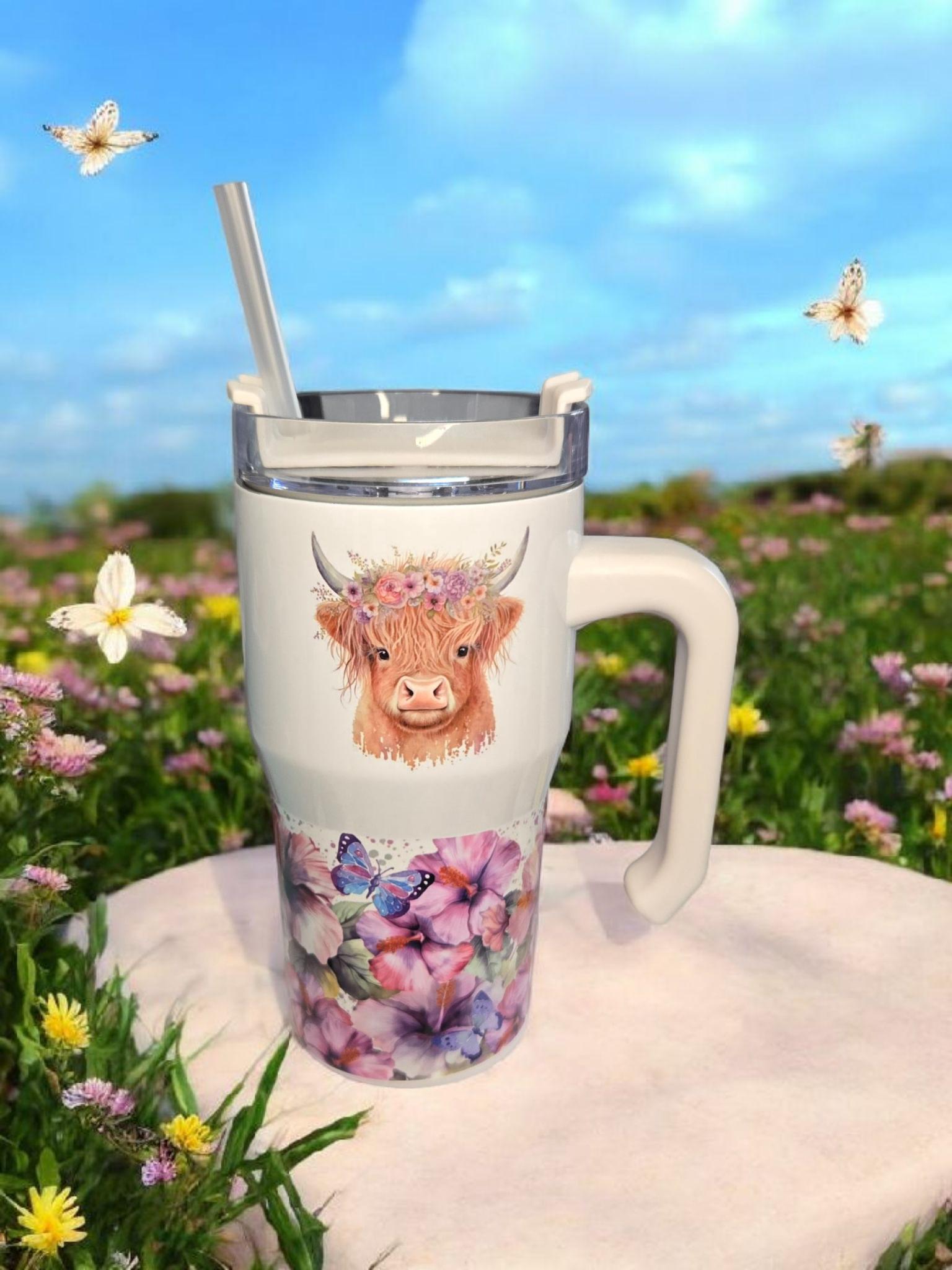 Highland Cow, 20oz mini "Stanley" style insulated tumbler.