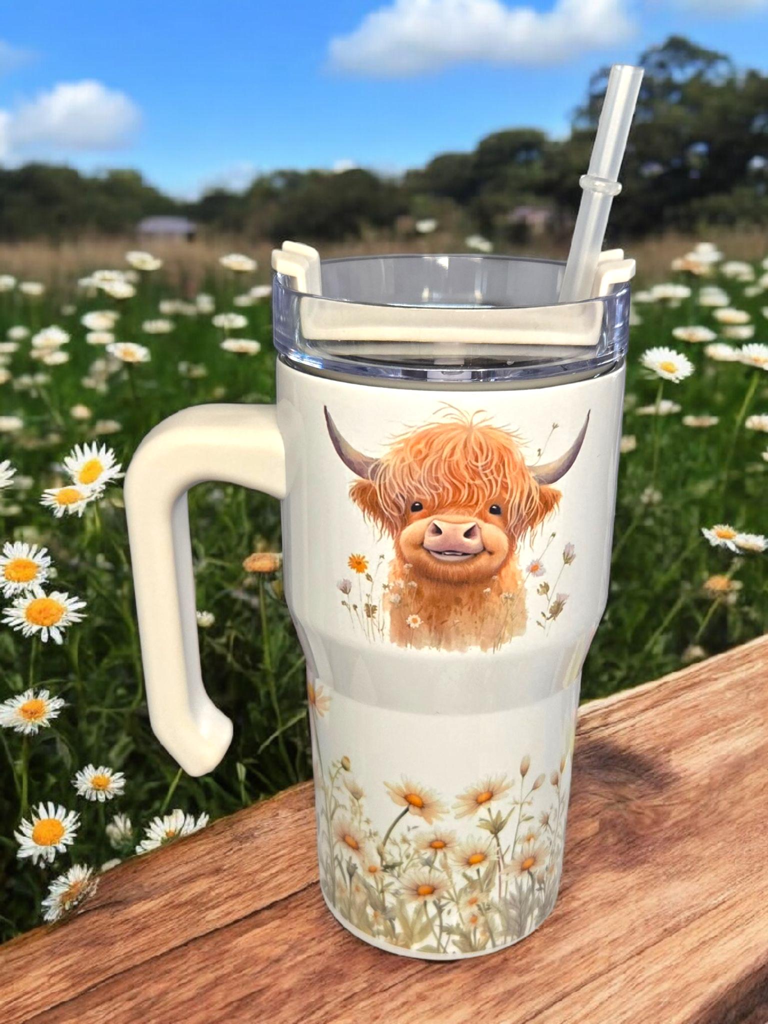 Highland Cow, 20oz mini "Stanley" style insulated tumbler.
