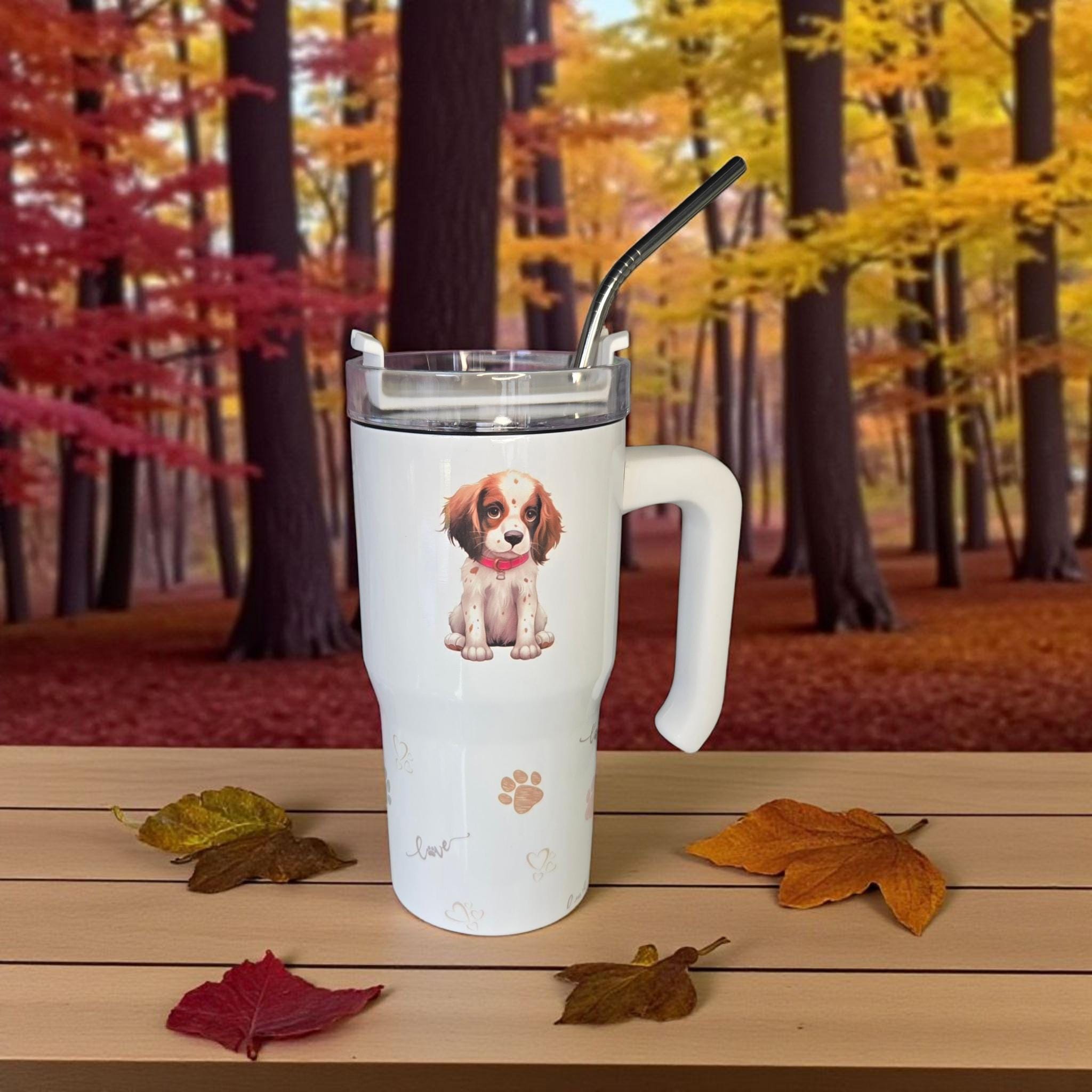 Hand Printed Puppy Dog; 20oz mini "Stanley" style insulated tumbler.