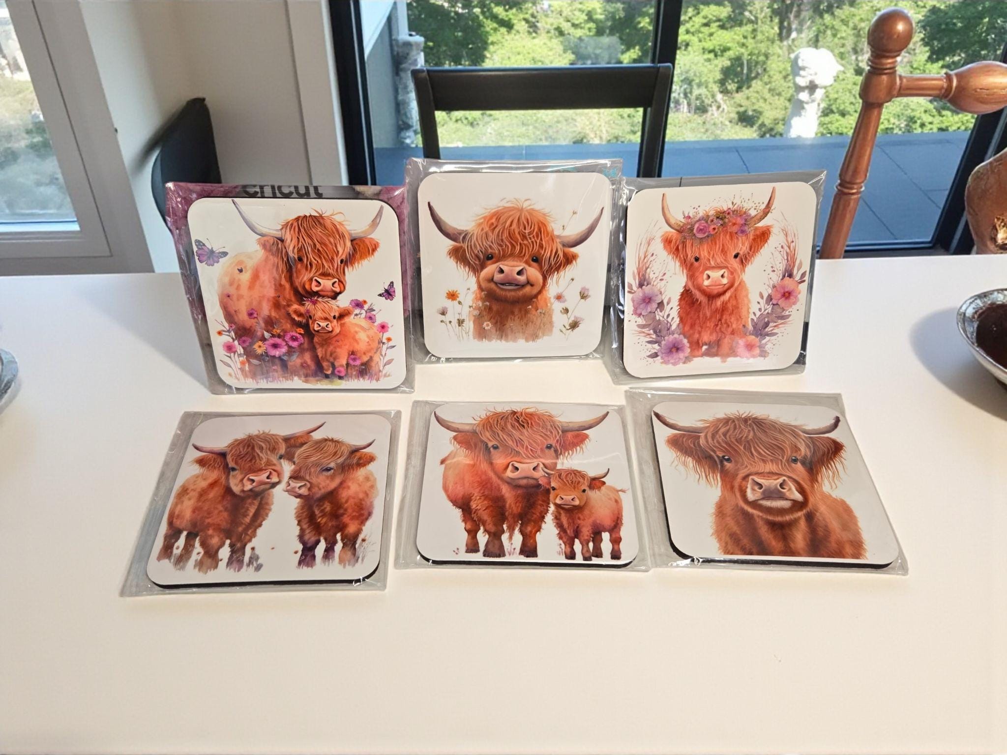 Hand printed, highland cow, cork-backed, wipeable coasters.