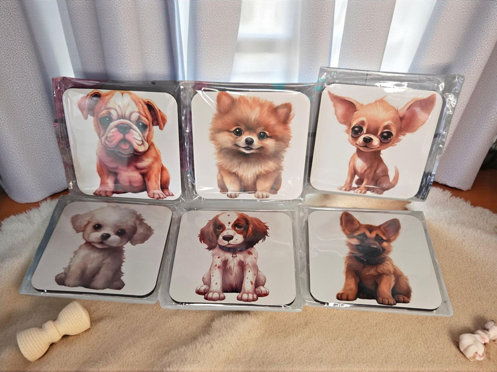 Hand Printed Cute Dog Coasters, Cork-Backed, Wipeable