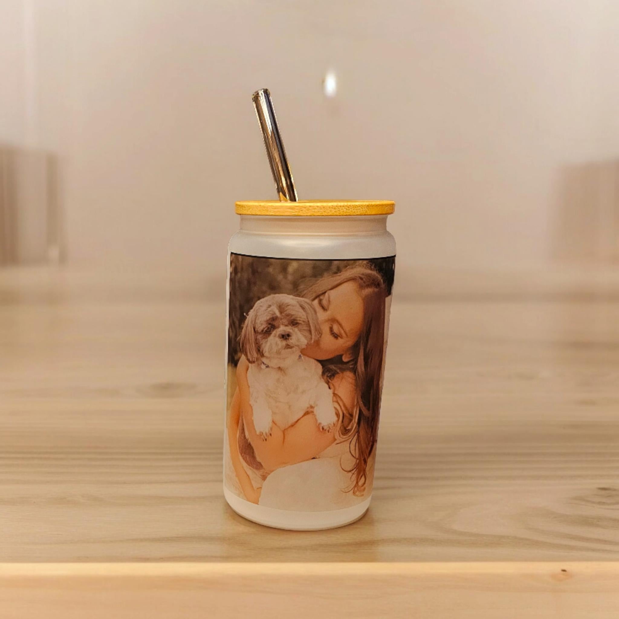 Personalised photo 16oz libby glass drinking can jar