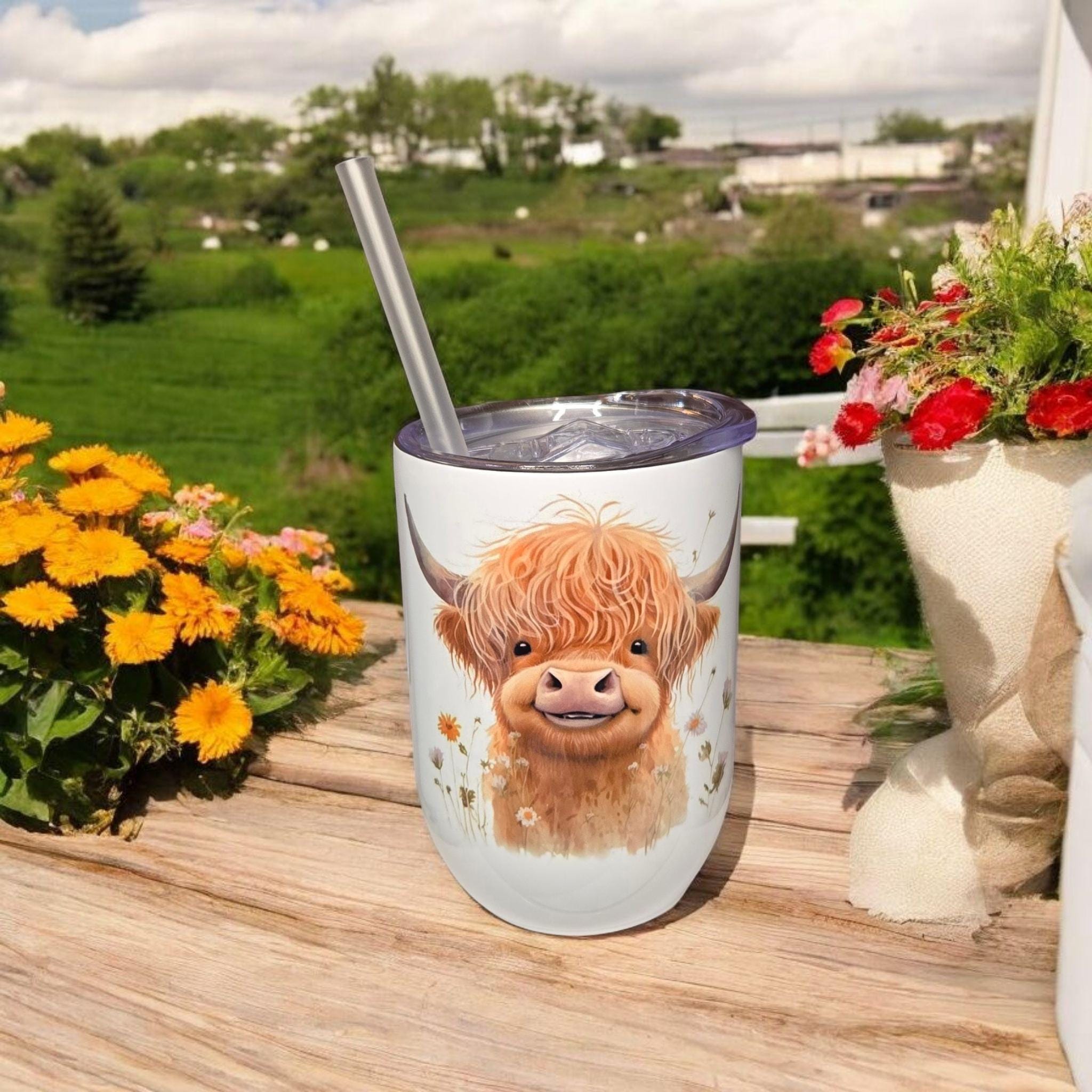 Highland Cow, 12oz insulated wine tumbler/mug.