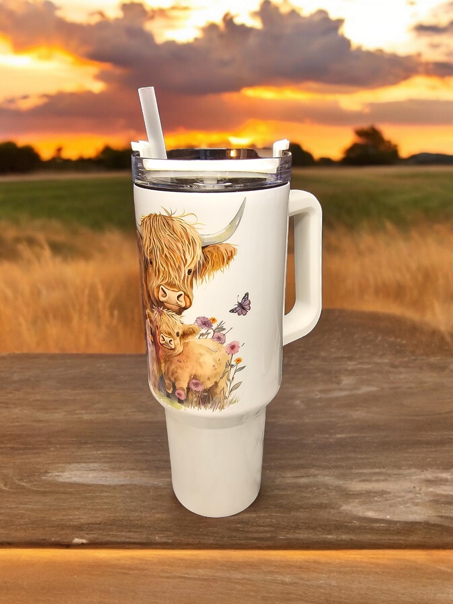 Highland Cow, 40oz "Stanley" style insulated tumbler.