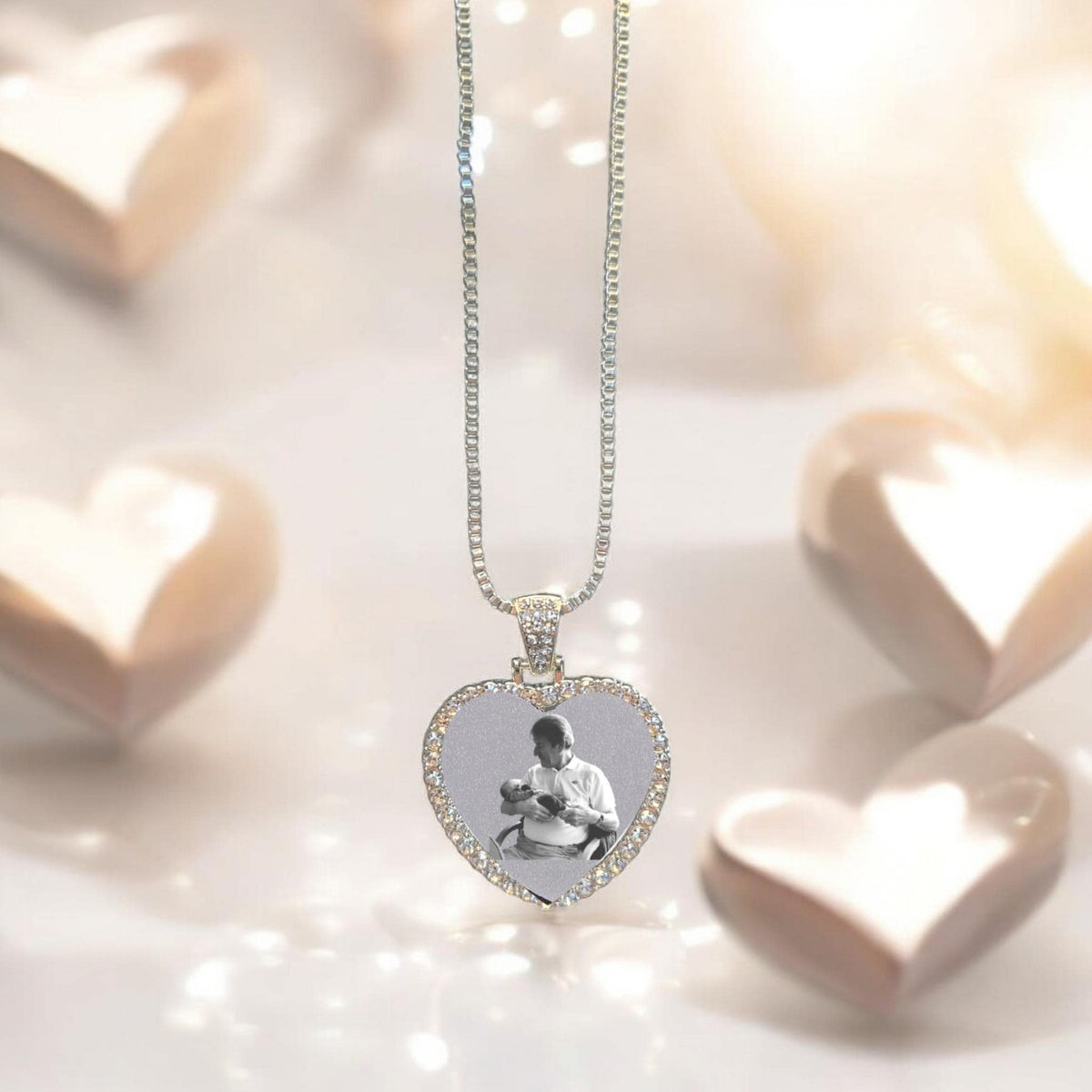 Heart shaped, photo, silver necklace.