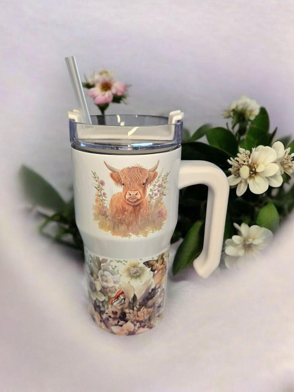 Highland Cow, 20oz mini "Stanley" style insulated tumbler.