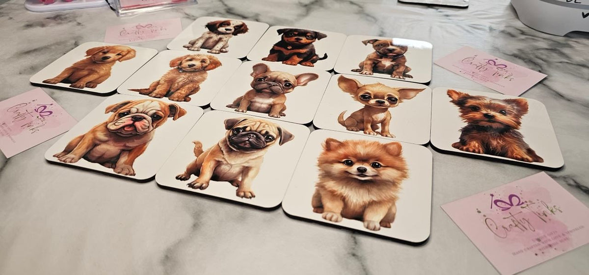 Hand Printed Cute Dog Coasters, Cork-Backed, Wipeable