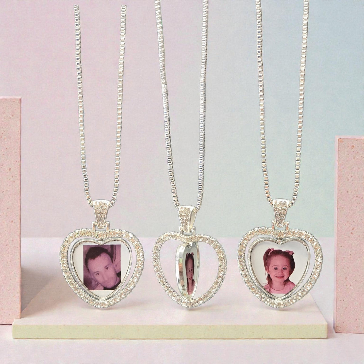 Heart shaped, photo, silver necklace.