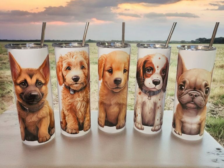 Dog 20 oz tumbler Cute puppy dogs, handprinted onto a 20 oz stainless steel, insulated tumbler.